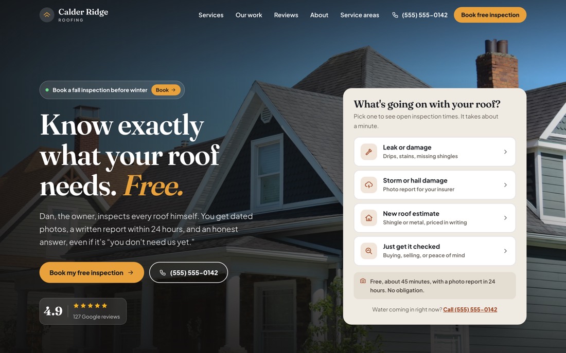 Homepage of the Calder Ridge Roofing demo site: a blue two-story house with a dark shingled roof, the headline Know exactly what your roof needs. Free., a Book my free inspection button, a 4.9 star Google rating, and a card asking what is going on with your roof, with four choices for booking a free inspection